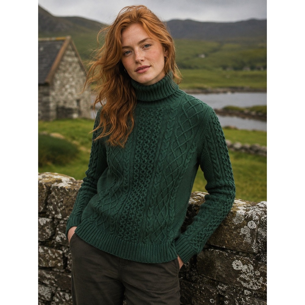Lands End Chunky Cable Knit Turtleneck Sweater M Tall Green Classic Preppy
